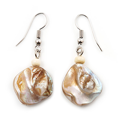 Antique White Shell Bead Drop Earrings (Silver Tone)