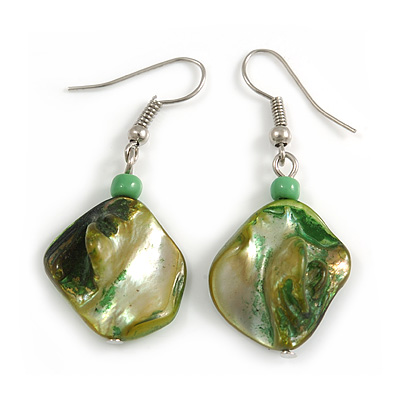 Lime Green Shell Bead Drop Earrings (Silver Tone)
