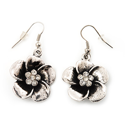 Antique Silver Daisy Flower Drop Earrings - 4cm Length - main view