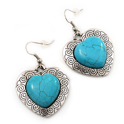 Antique Silver Turquoise Stone Heart Drop Earrings - 4.5cm Drop - main view