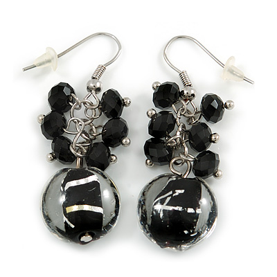 Black & Transparent Glass Bead Drop Earrings (Silver Tone Metal) - 4.5cm Length - main view