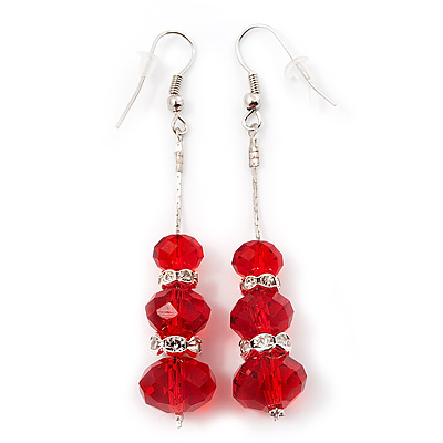 Silver Tone Red Acrylic Bead Diamante Drop Earrings - 6cm Length - main view