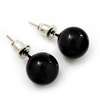 Black Acrylic Stud Earrings (Silver Tone Metal) - 9mm Diameter - main view