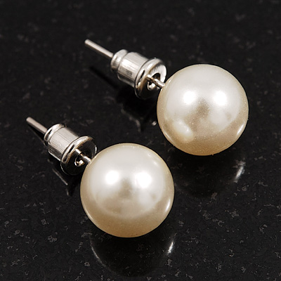 Light Cream Lustrous Faux Pearl Stud Earrings (Silver Tone Metal) - 9mm Diameter - main view