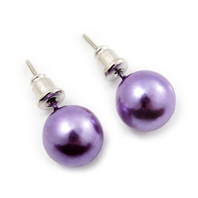 Purple Lustrous Faux Pearl Stud Earrings (Silver Tone Metal) - 9mm Diameter - main view