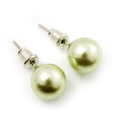 Pale Green Lustrous Faux Pearl Stud Earrings (Silver Tone Metal) - 9mm Diameter - main view