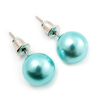 Aqua Blue Lustrous Faux Pearl Stud Earrings (Silver Tone Metal) - 9mm Diameter - main view