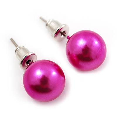 Deep Pink  Lustrous Faux Pearl Stud Earrings (Silver Tone Metal) - 9mm Diameter - main view