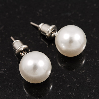 White Lustrous Faux Pearl Stud Earrings (Silver Tone Metal) - 9mm Diameter