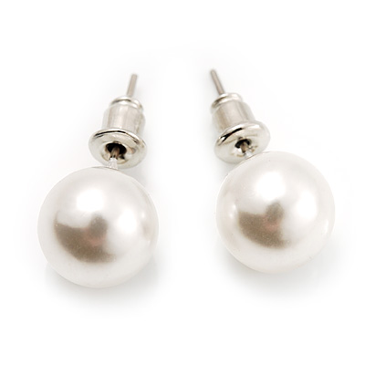 White Lustrous Faux Pearl Stud Earrings (Silver Tone Metal) - 7mm Diameter