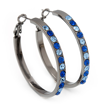 Gun Metal Blue Crystal Hoop Earrings - 4cm Diameter - main view
