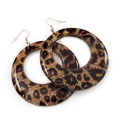Leopard Print Acrylic Hoop Earrings (Silver Tone Metal) - 6cm Diameter - main view