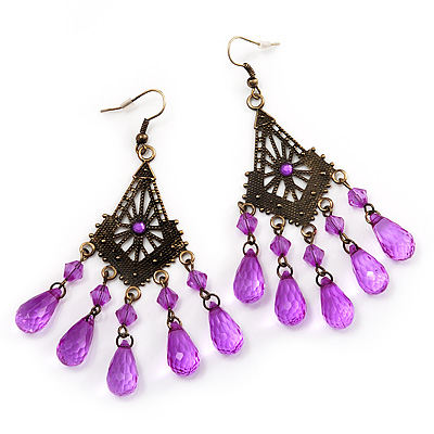 Bronze Tone Purple Acrylic Bead Chandelier Earrings - 9cm Length - main view
