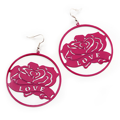 Deep Pink 'Rose & Love' Hoop Earrings (Silver Tone Metal) - 5.5cm Diameter