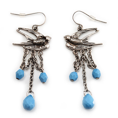 Antique Silver Swallow & Blue Bead Drop Earrings - 6cm Length - main view
