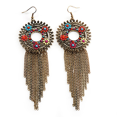 Long Multicoloured Enamel Floral Chain Drop Earrings (Bronze Tone Metal) - 13cm Length - main view