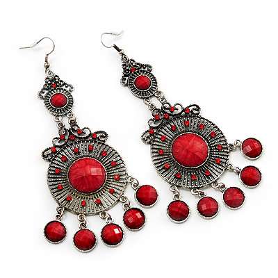 Long Filigree Red Bead Chandelier Drop Earrings (Antique Silver Finish) - 12cm Length - main view