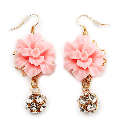 Gold Tone Pale Pink Acrylic Flower Drop Earrings - 6cm Length - main view