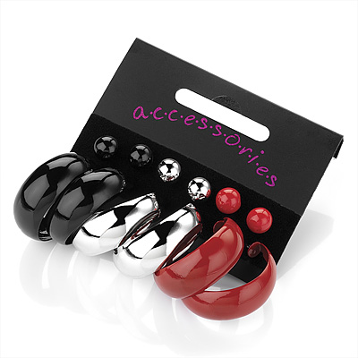 Set of 3 Hoop Earrings (3cm Diameter) & Set of 3 Stud Earrings (7mm Diameter) - (Black, Red & Silver Finish) - main view