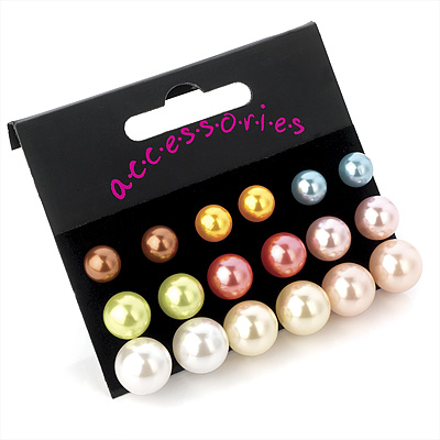 7mm, 9mm, 11mm Multicoloured Imitation Pearl Bead Set of 9 Stud Earring (Silver Metal Finish) - main view