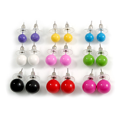 7mm, 9mm, 11mm Multicoloured Acrylic Bead Set of 9 Stud Earring (Silver Metal Finish) - main view
