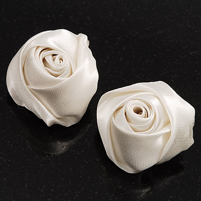 Large Bridal Fabric Rose Stud Earrings (Silver Tone Finish) - 3cm Diameter