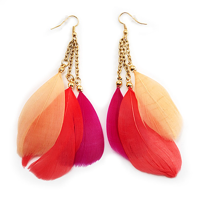 Multicoloured Feather Chain Dangle Earrings (Gold Tone Metal) - 11cm Length - main view