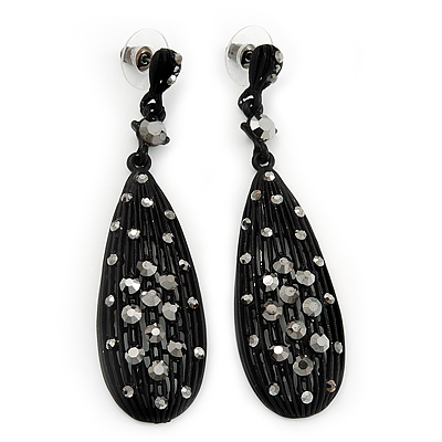 Striking Black Crystal Teardrop Earrings - 7.5cm Length - main view