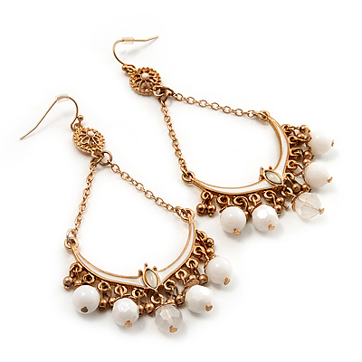 Gold Plated White Bead Chandelier Earrings - 8cm Drop - main view