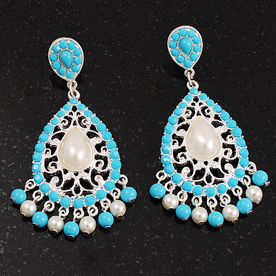 Silver Plated Filigree Turquoise Coloured Acrylic Bead & Imitation Pearl Chandelier Earrings - 7cm Drop - main view