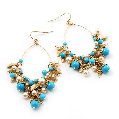 Gold Tone Turquoise Coloured Resin Bead & Imitation Pearl Leaf Hoop Drop Earrings - 8.5cm Length - main view