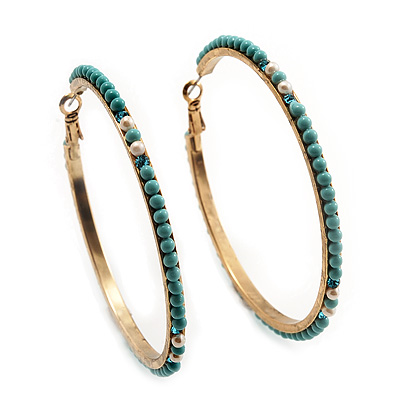 Gold Plated Turquoise Coloured Glass Bead Hoop Earrings - 6.5cm Diameter - main view