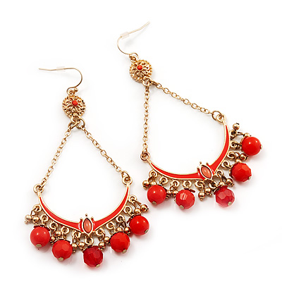 Gold Plated Coral Bead Chandelier Earrings - 8cm Drop - main view