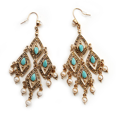 Gold Tone Turquoise Coloured Acrylic Bead & Imitation Pearl Chandelier Earrings - 8.5cm Drop - main view