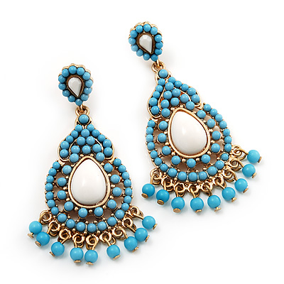 Gold Plated Turquoise Coloured Acrylic Bead Chandelier Earrings - 6.5cm Drop - main view