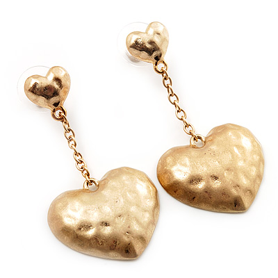 Gold Plated Hammered Double Heart Drop Earrings - 5cm Length - main view