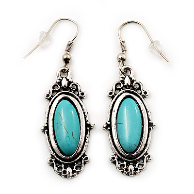 Burn Silver Turquoise Stone Drop Earring - 5cm Length - main view