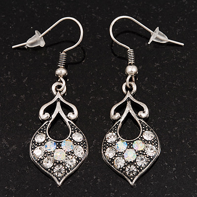 Burn Silver AB Crystal Drop Earrings - 4cm Length - main view