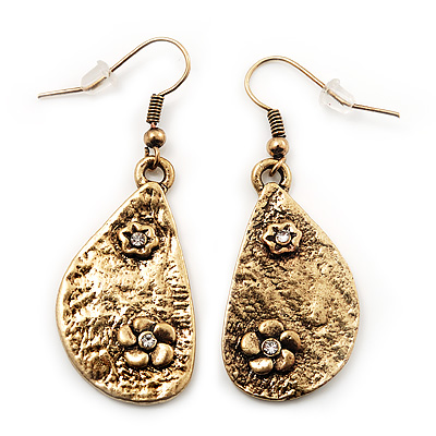 Teardrop Textured Floral Drop Earrings In Gold Tone Metal - 5cm Length - main view