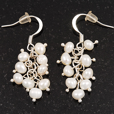 Delicate White Freshwater Pearl Cluster Drop Earrings (Silver Plated) - 3.5cm Drop - main view