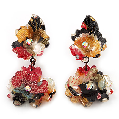 Exquisite Double Flower Acrylic Drop Earrings (Red, Black & Brown) - 6cm Length - main view