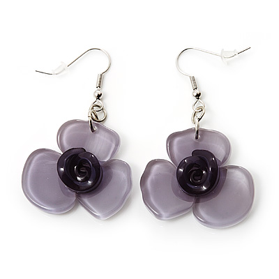 Lavender Flower Acrylic Drop Earrings (Silver Tone Finish) -5.5cm Length