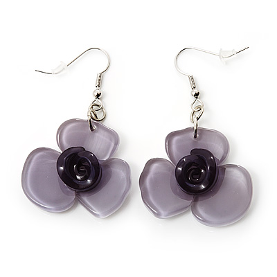 Lavender Flower Acrylic Drop Earrings (Silver Tone Finish) -5.5cm Length - main view