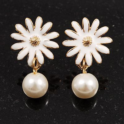 Small White Enamel Flower Stud Earrings (Gold Plated Finish) - 2.5cm Length