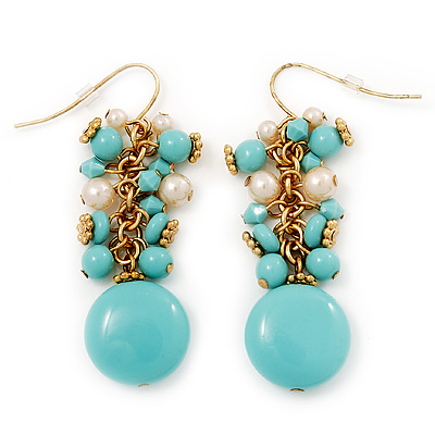 Turquoise Coloured And Simulated Pearl Bead Drop Earrings (Gold Plated Finish) - 6cm Length - main view