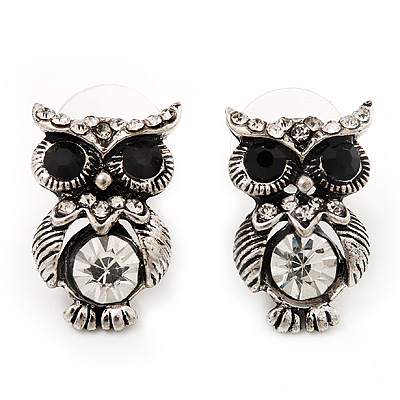 Small Antique Silver Diamante Owl Stud Earrings - 2cm Length - main view