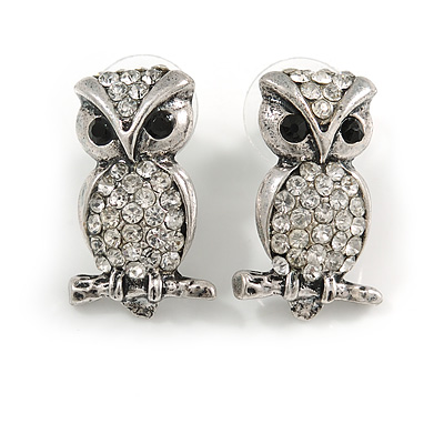 Antique Silver Crystal Owl Stud Earrings - 2.5cm Length - main view