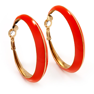 Bright Orange Hoop Earrings (Gold Tone Metal) - 5cm Diameter - main view