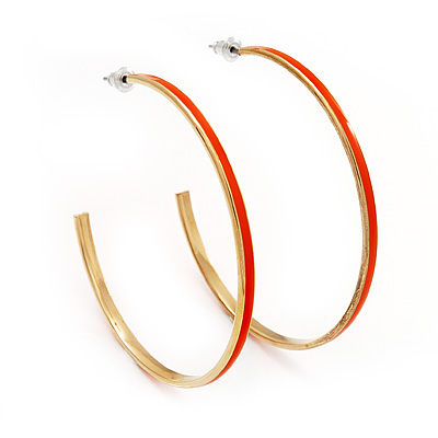 Orange Enamel Thin Hoop Earrings (Gold Plated Metal) - 6cm Diameter - main view