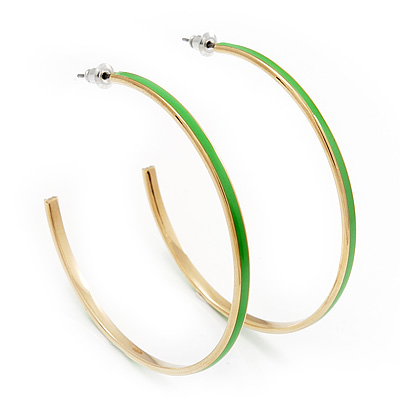 Grass Green Enamel Thin Hoop Earrings (Gold Plated Metal) - 6cm Diameter - main view